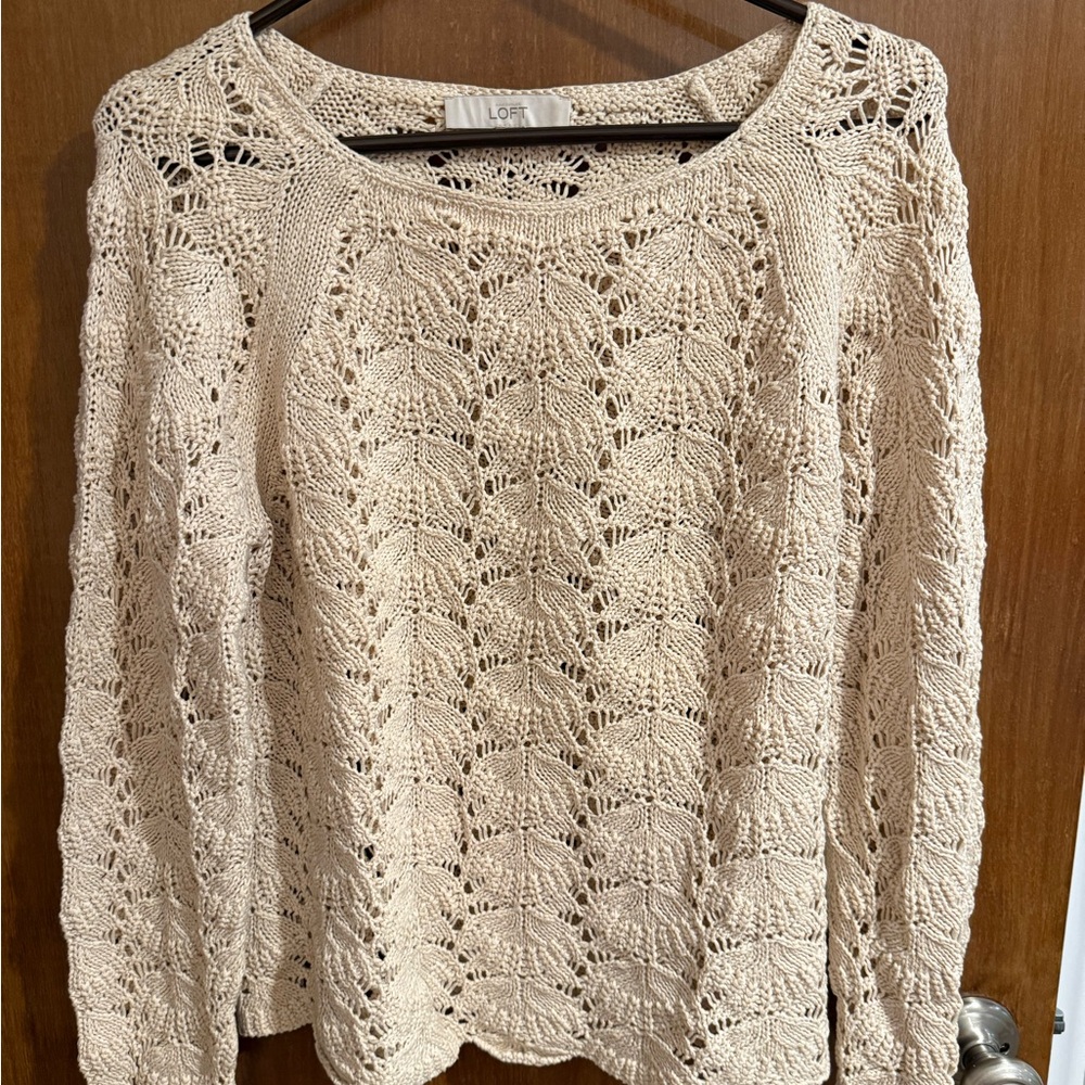 LOFT Cream Open Knit Crew Neck Sweater